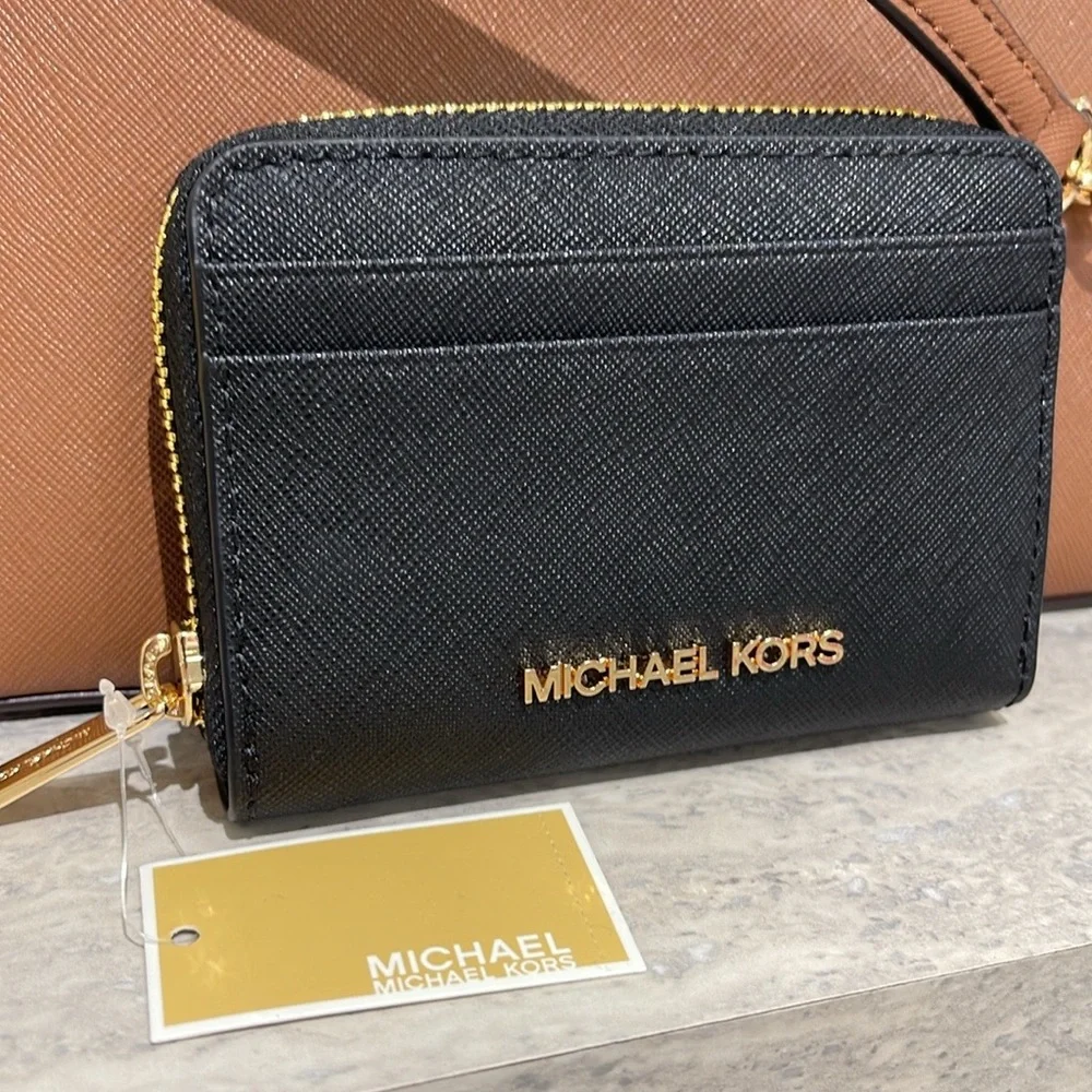 Michael Kors Jet Set Travel Md Saffiano Leather Zip Around Wallet Card Case Coin